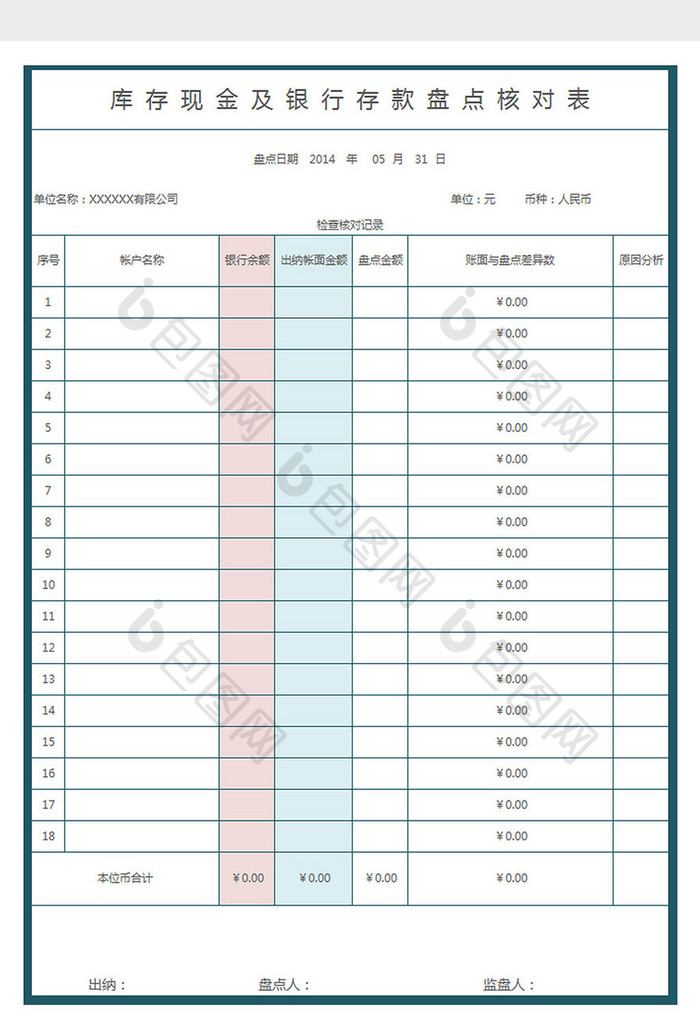 库存现金及银行存款盘点核对表Excel模