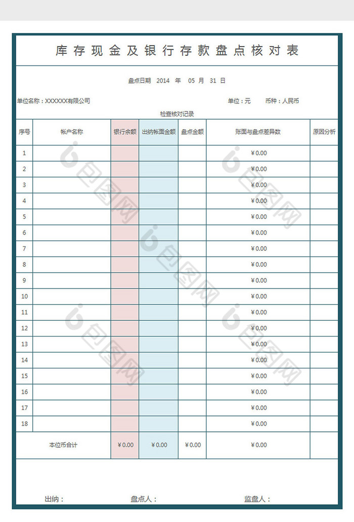 库存现金及银行存款盘点核对表excel模