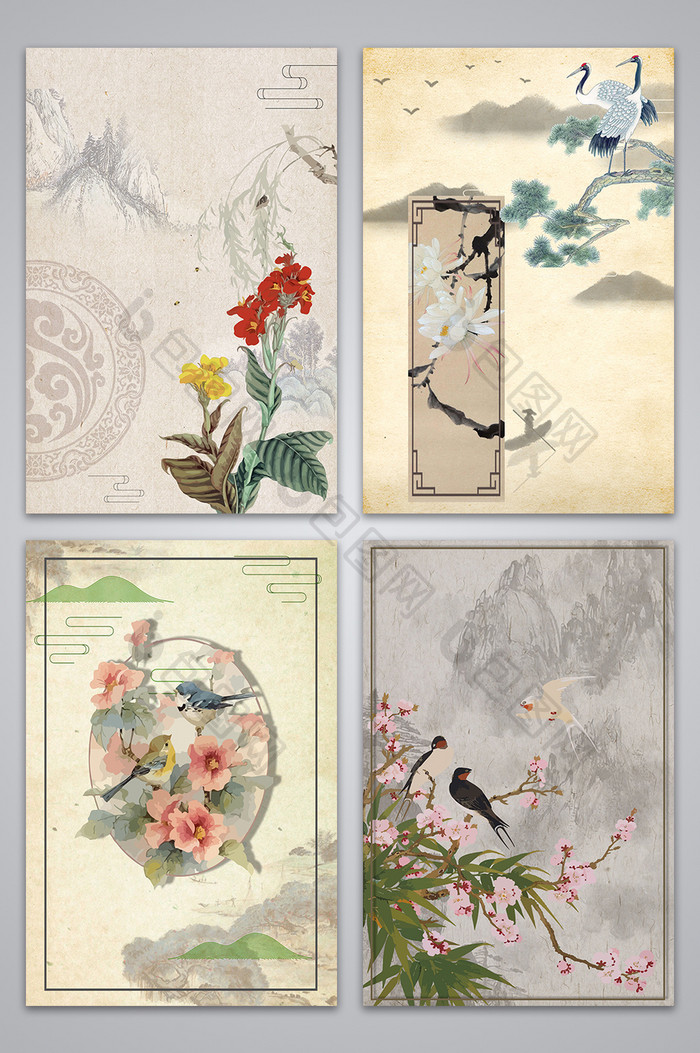 中国风手绘花卉风景背景图