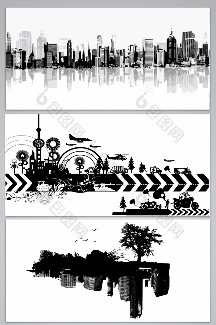 黑白城市剪影设计背景图