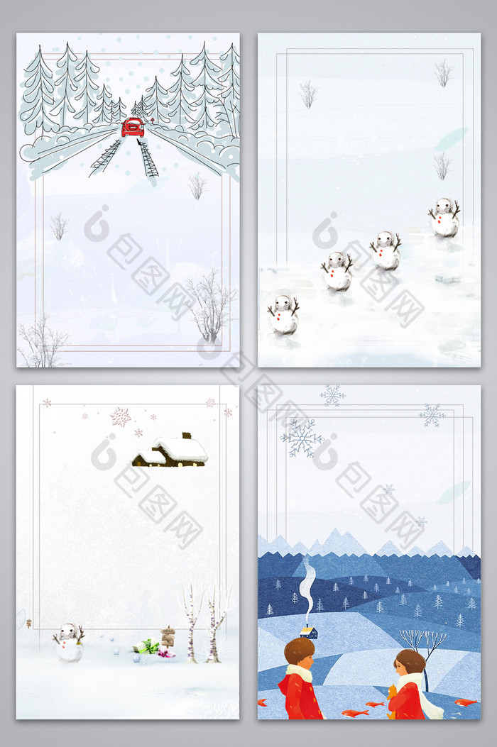 冬天手绘卡通雪天雪人雪景广告设计背景图