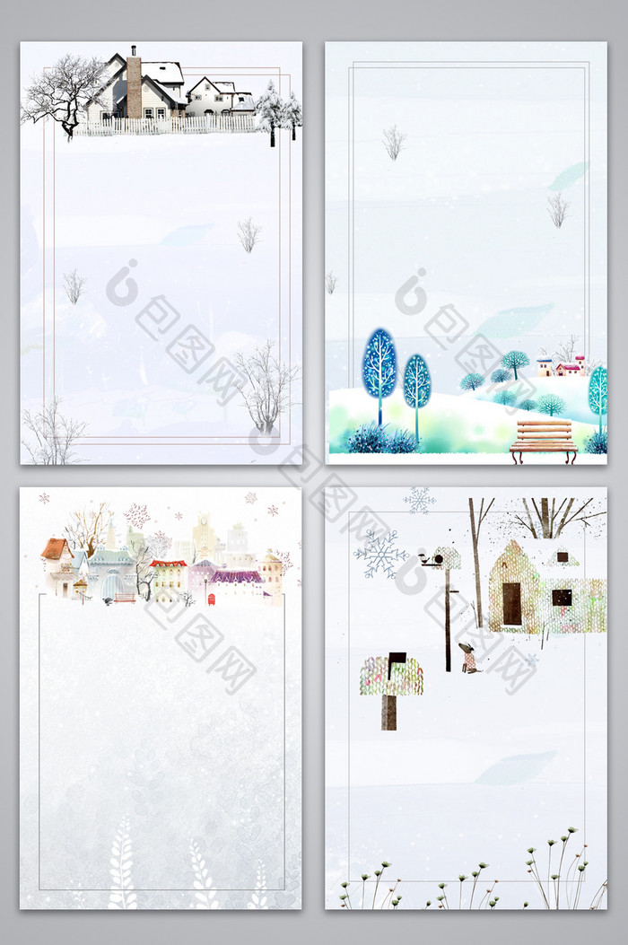 手绘冬季雪景房屋广告设计背景图