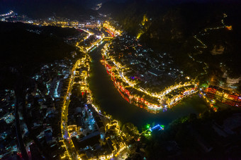 贵州镇远古镇夜景大景航拍摄影图