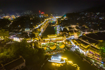 湖南湘西凤凰古城虹桥夜景灯光航拍摄影图