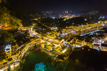 湖南湘西凤凰古城虹桥夜景灯光航拍摄影图