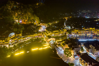 湖南湘西凤凰古城虹桥夜景灯光航拍摄影图