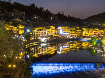 湖南湘西凤凰古城夜景航拍