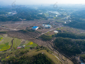 山川农田油菜花美丽乡村航拍摄影图