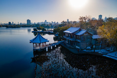 山东济南大明湖冬天雪景航拍