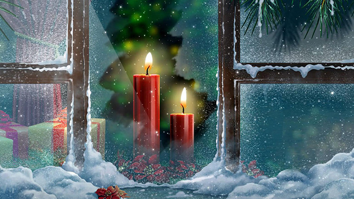 高清圣诞过年窗口飘雪红色蜡烛视频素材