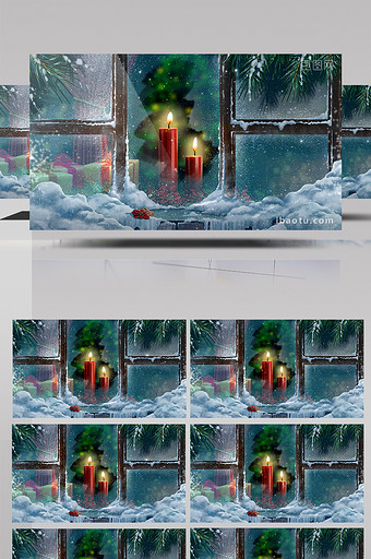 高清圣诞过年窗口飘雪红色蜡烛视频素材图片