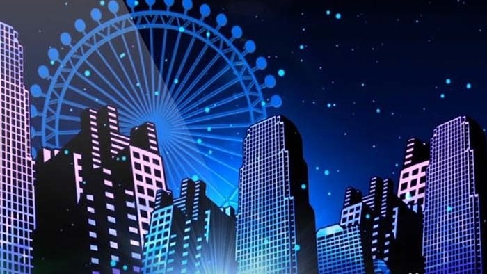 卡通炫光夜景城市建筑动画舞台视频