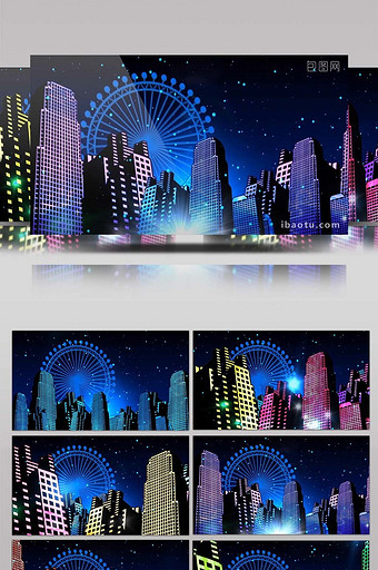 卡通炫光夜景城市建筑动画舞台视频图片