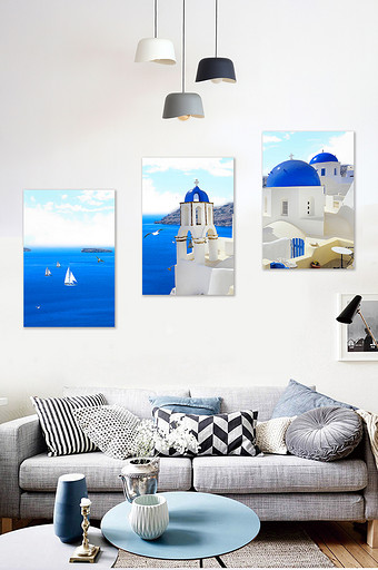 现代北欧希腊爱琴海圣托里尼美景装饰画图片