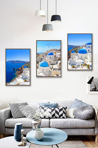 唯美蓝色希腊爱琴海圣托里尼美景装饰画图片
