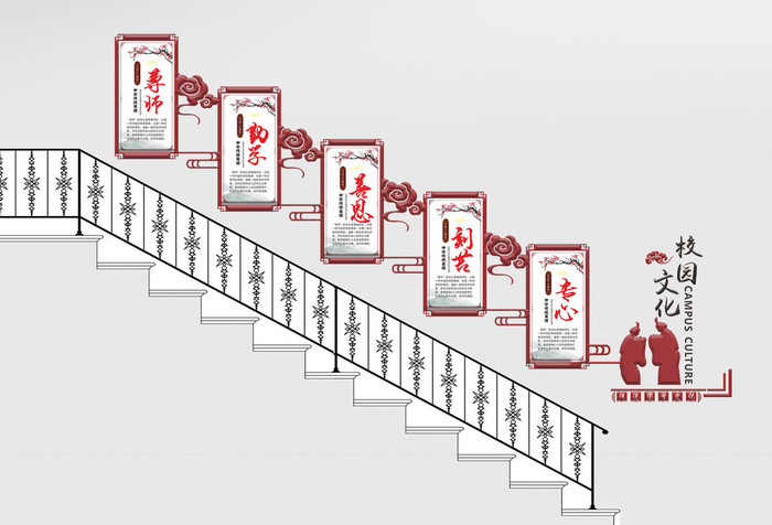 红色古典中国风校园通用楼道楼梯文化墙展板