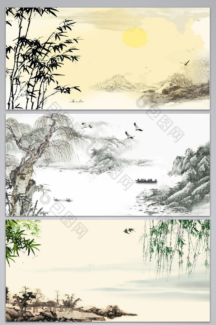 中国风山水竹林设计背景图