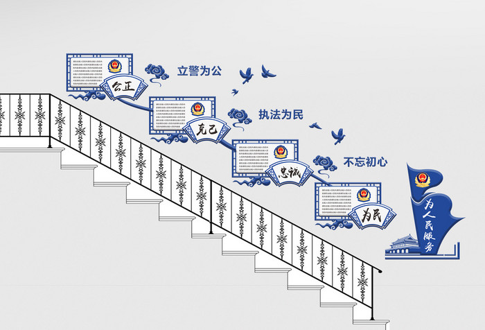 蓝色古典异形立体公安楼梯楼道文化墙展板