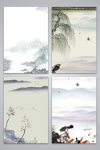 中国风青山绿树花草设计背景图图片