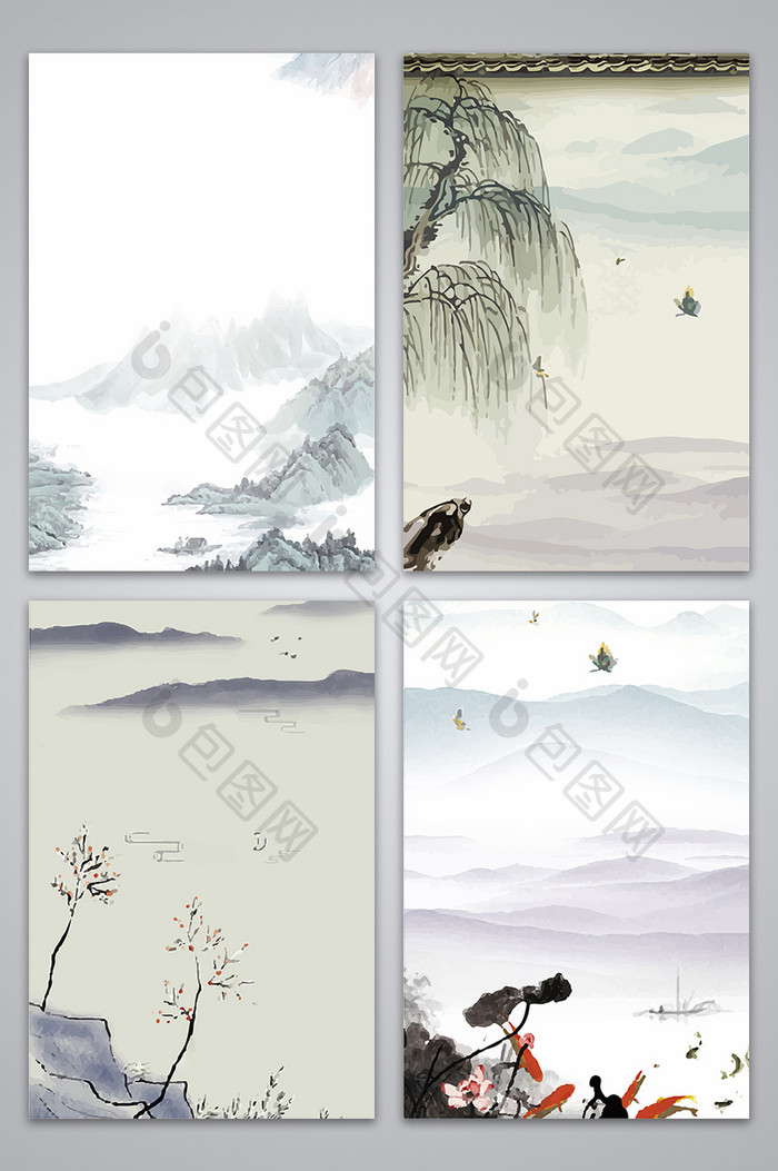 中国风青山绿树花草设计背景图