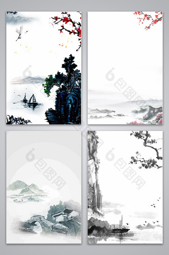 中国风水墨山水江南烟雨设计背景图图片