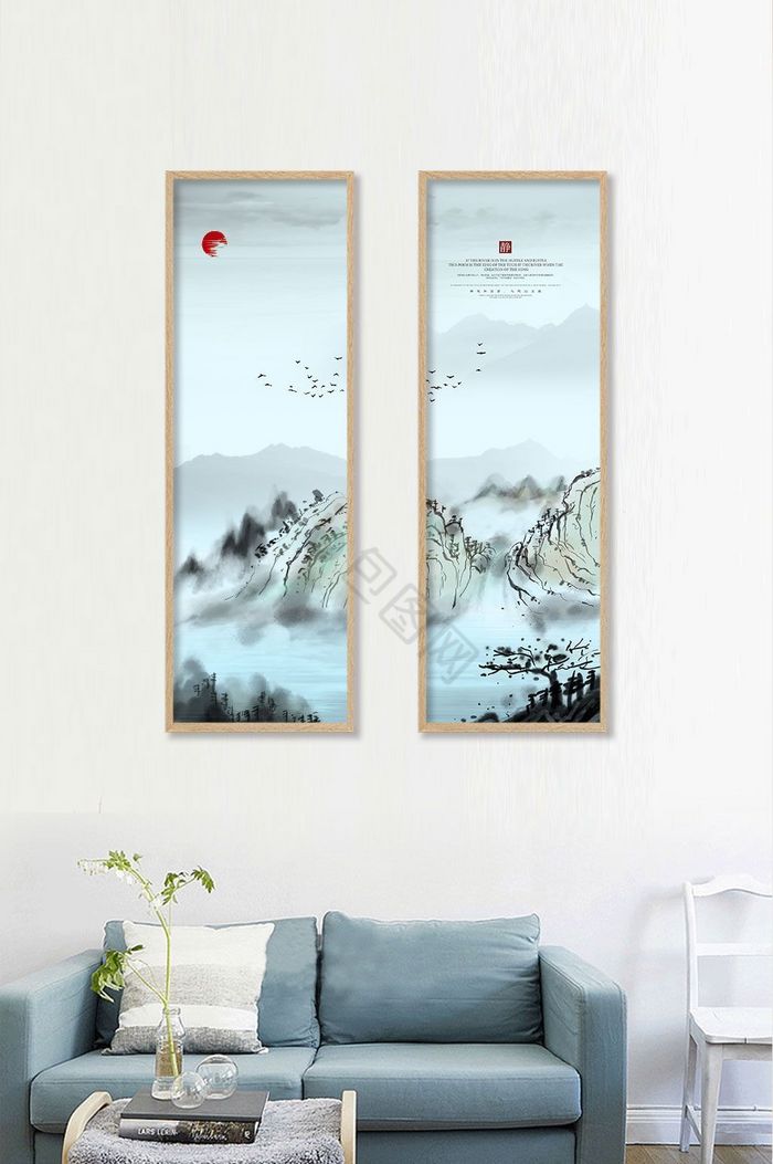 新中式山水画客厅书房二连画装饰画图片