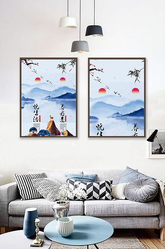 大气水墨中国风瑜伽文化艺挂画装饰画二联画图片