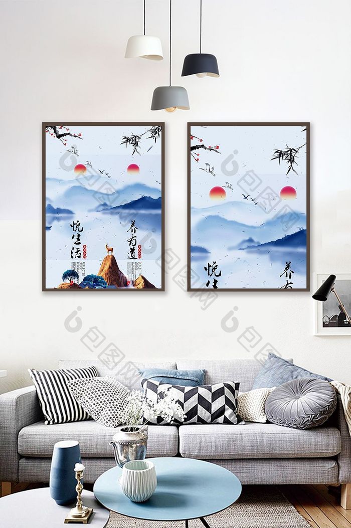 大气水墨中国风瑜伽文化艺挂画装饰画二联画