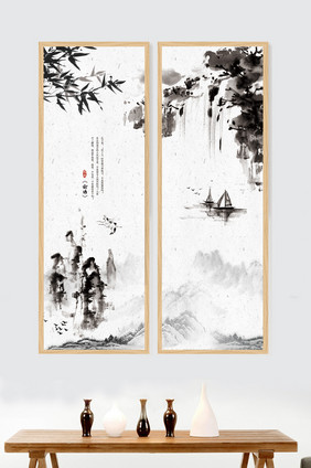 水墨风 山水画 书房客厅装饰画展板