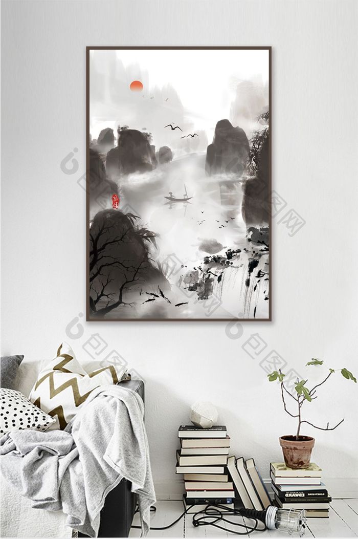 水墨风山水书房装饰画展板-水墨风山水书房装饰画展板效果图-【包图网】