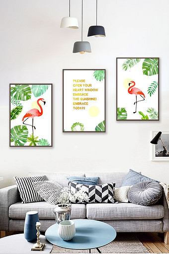 现代北欧装饰画热带植物火烈鸟装饰画图片