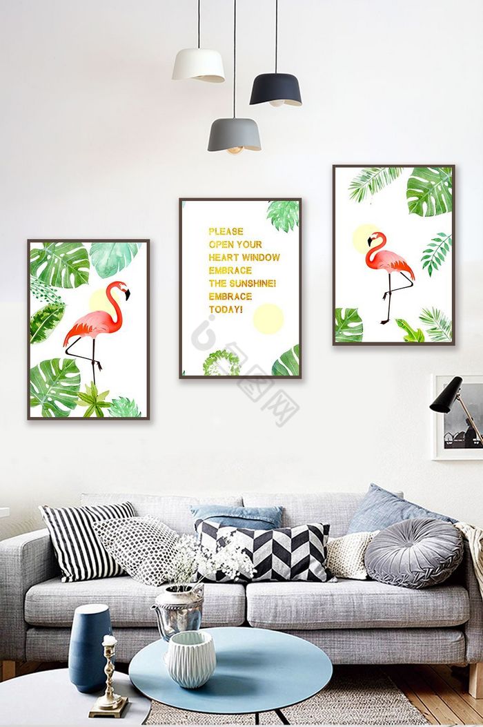 现代北欧装饰画热带植物火烈鸟装饰画图片
