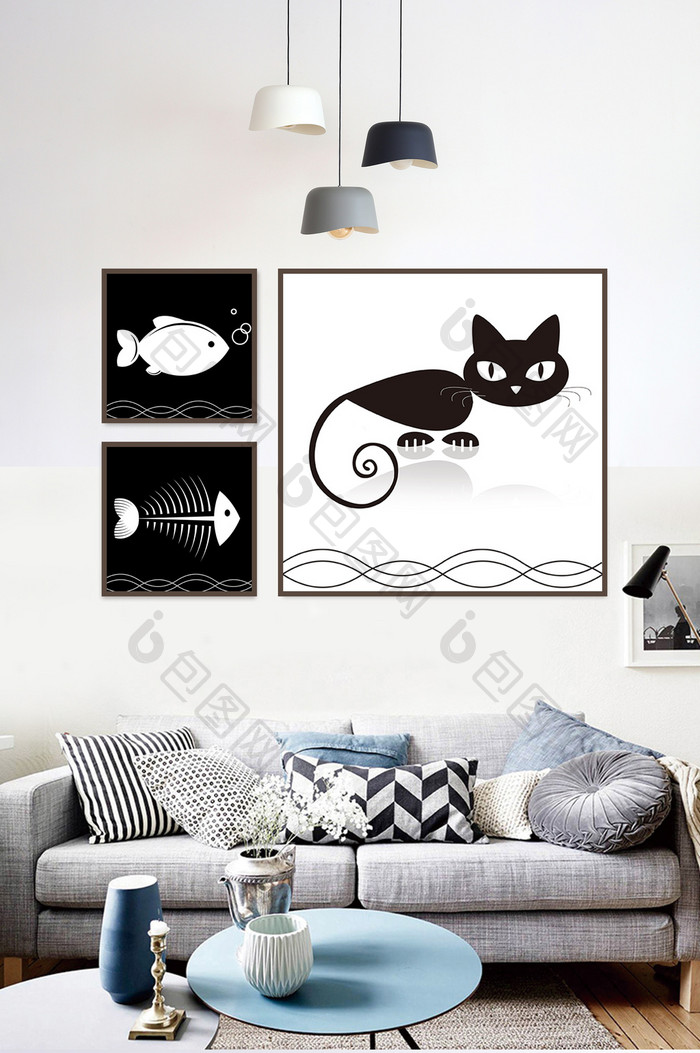 北欧意境猫和鱼装饰画画