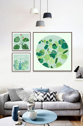 北欧简约手绘植物叶子盆栽装饰画图片