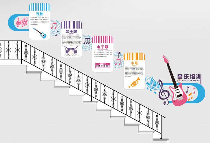 简约清新幼儿音乐培训机构楼梯文化墙