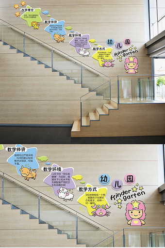 卡通幼儿园学校培训机构楼梯微粒体文化墙图片