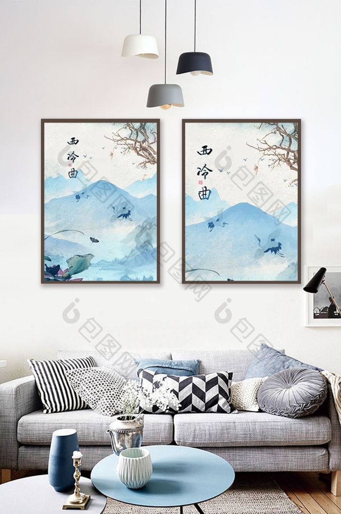 新中式意境山水画水墨客厅书房装饰画-新中式意境山水画水墨客厅书房装饰画效果图-【包图网】