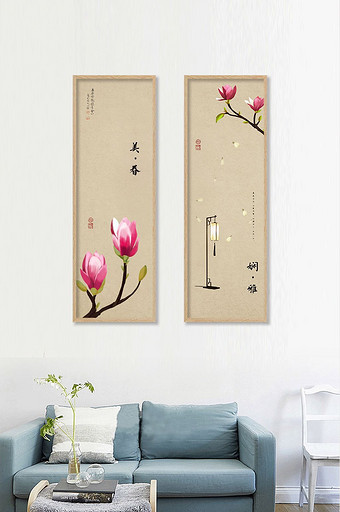 中式现代意境客厅二联花鸟工笔无框装饰画图片