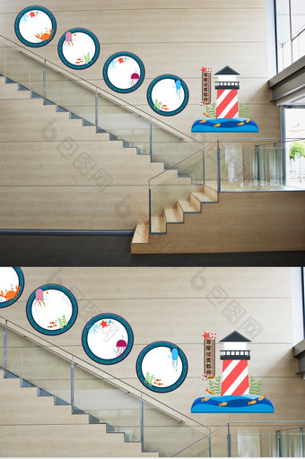 简约海洋风卡通学校照片楼梯文化墙图片