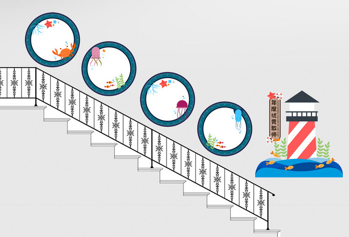 简约海洋风卡通学校照片楼梯文化墙