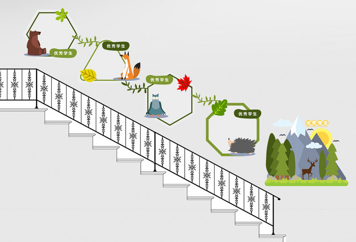简约清新森林微立体卡通学校照片楼梯文化墙
