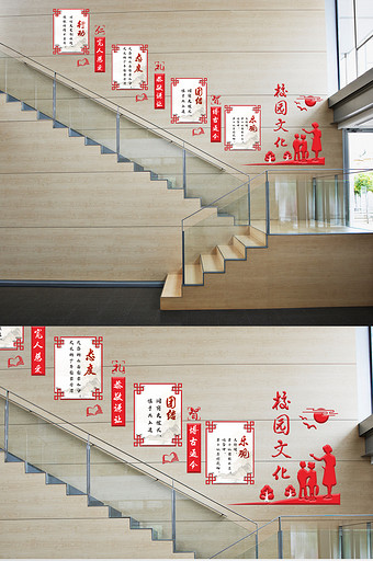 红色中国风校园微粒体楼梯文化墙图片