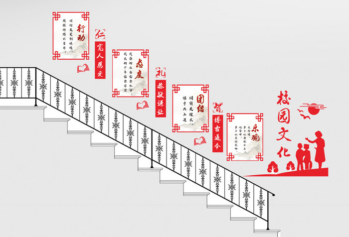 红色中国风校园微粒体楼梯文化墙