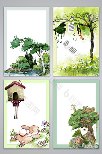 手绘树木风景清新卡通广告设计背景图图片