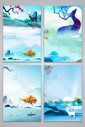 彩色水墨中国风麋鹿仙境元素设计背景图图片