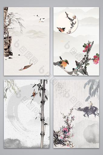 水墨中国风水墨枝头花鸟山水设计背景图图片