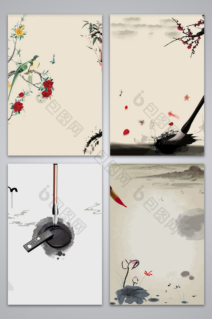 中国水墨花鸟元素设计背景图