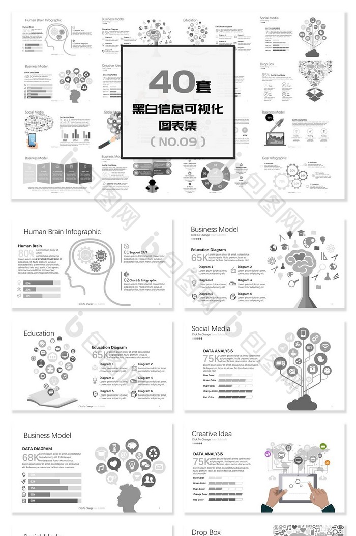 40套黑白信息可视化图表PPT模板