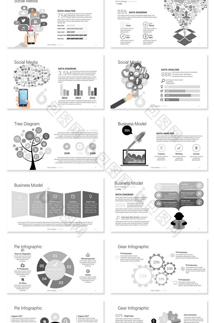 40套黑白信息可视化图表PPT模板