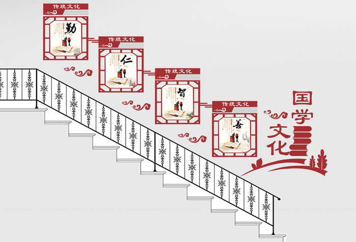 中国风红色国学文化楼梯文化墙展板